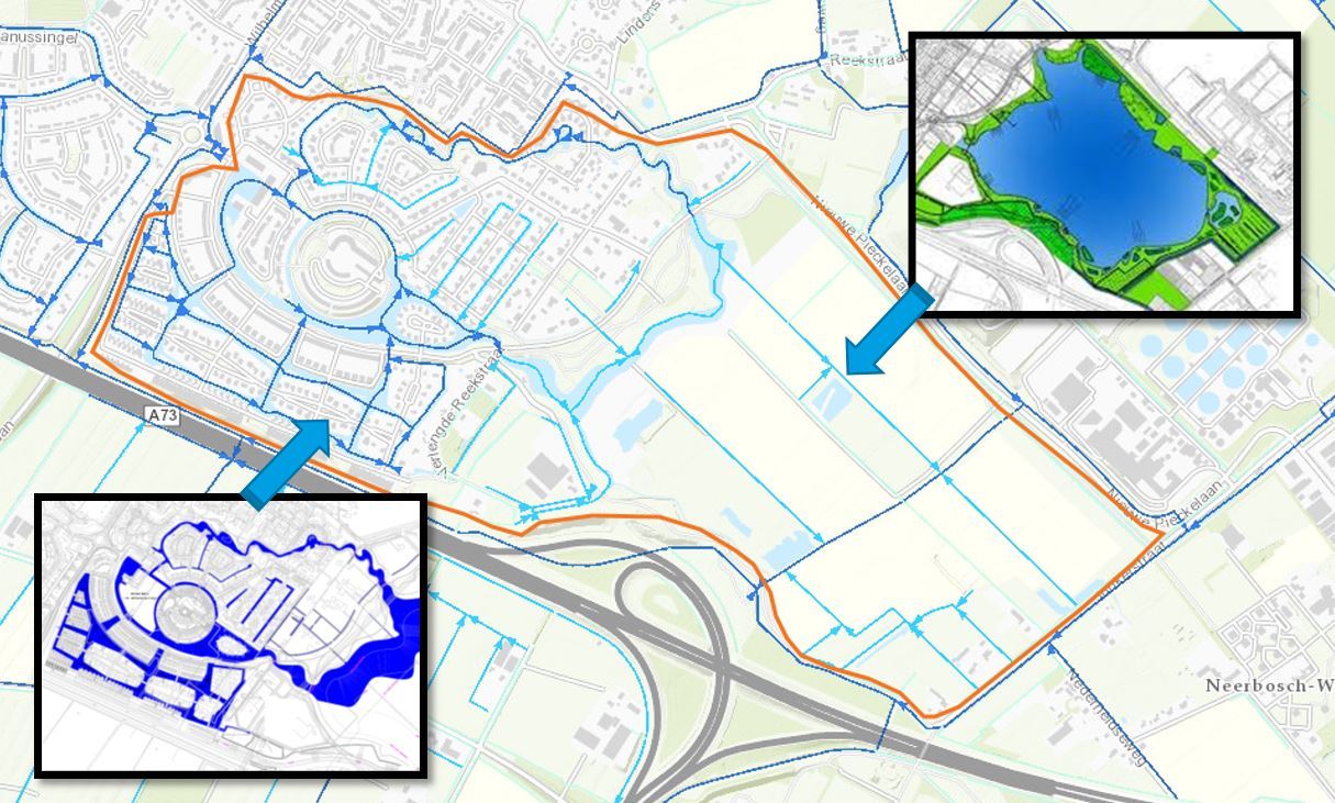 Het plangebied de Beuningse plas (in de oranje contour) met linksonder de woonwijk en rechtsboven de waterplas