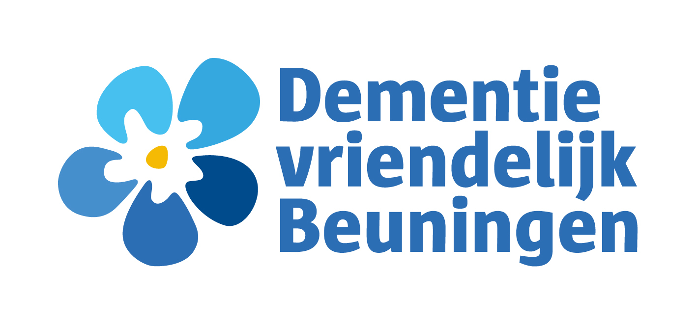 Logo met een blauwe bloem met vijf blaadjes en rechts daarvan de tekst Dementie vriendelijk Beuningen